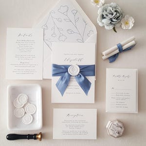 Blue and White Elegant Wedding Invitation with rsvp, Ribbon and Wax Seal Invites, Wax Seal, Euro flap Envelope - Deposit