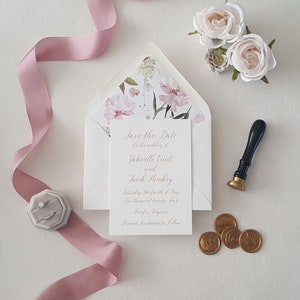 Blush and Gold Calligraphy Script Save the Date, Rose et Vert Botanique, Invitation de mariage imprimée personnalisée - DÉPÔT