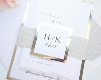 Modern Silver Glitter Wedding Invitation, Elegant Invite Suite, Foil Mirror Reflective Paper, Glamorous Chic Invitations - Sample