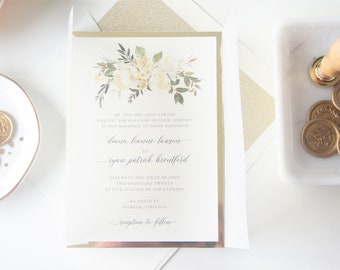 Gold and Ivory Boho Vellum and Wax Seal Wedding Invitation, White and Gold Wedding Invites- Sample