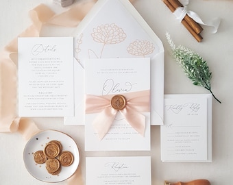 Elegant Wedding Invitation Suite, Champagne, Tan and Gold Invite with Details Card, Modern Invite, Peach Invitations - Sample