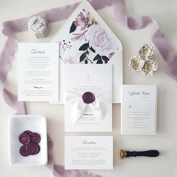 Printed Purple Wedding Invitation Suite, Lilac, Monogram Invites, White Ribbon and Plum Wax Seal, Flower Envelope Liners- Sample