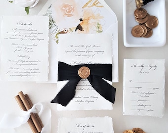 Classic Black and Gold Calligraphy Wedding Invitation, Deckled Edge, Elegant Invite Suite, Botanical Envelope Liner - Sample