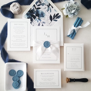 Dusty Blue Wedding Invitations, Custom Monogram Invitation Suite, Luxury Silk Ribbon and Wax Stamp, Watercolor Boho Envelope Liners - Sample