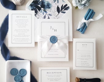 Dusty Blue Wedding Invitations, Custom Monogram Invitation Suite, Luxury Silk Ribbon and Wax Stamp, Watercolor Boho Envelope Liners - Sample