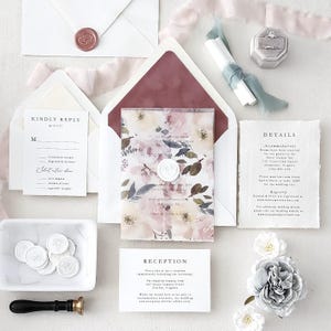 Blush Botanical Wedding Invitations, Elegant Wedding Invitation printed on cotton rag torn paper, Blush Pink and Champagne Boho - Sample