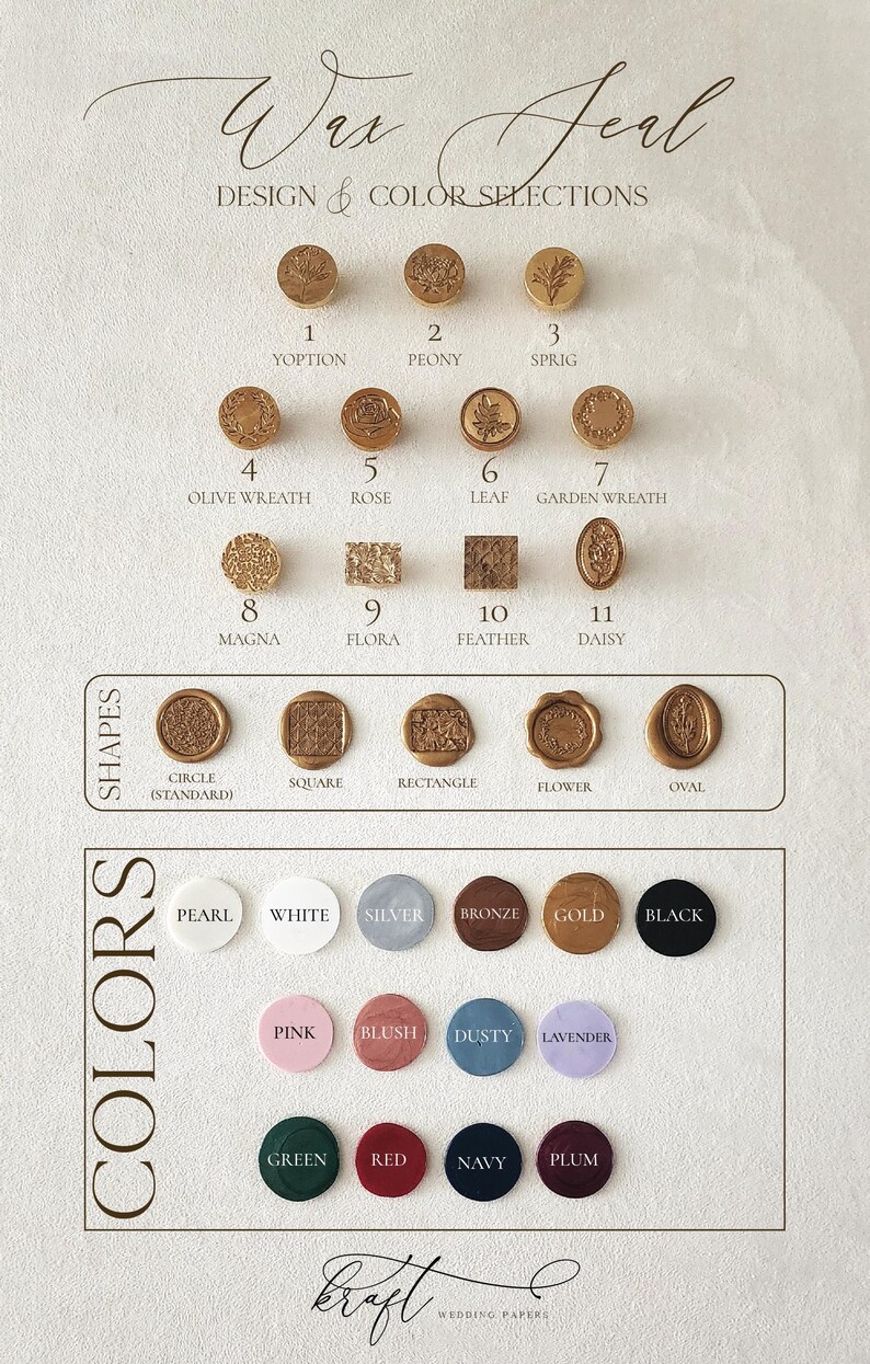 Puede incluir: Un cuadro de selecci&oacute;n de dise&ntilde;os y colores para sellos de cera. El cuadro muestra varios dise&ntilde;os, incluyendo patrones florales y geom&eacute;tricos, en formas como c&iacute;rculo, cuadrado y &oacute;valo. Las opciones de color incluyen perla, oro y negro.