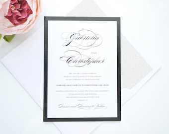 Black and White Calligraphy Wedding Invitation, Black Wedding Invitations, Classy Elegant Wedding Invitation, Wedding Invite Set - Deposit