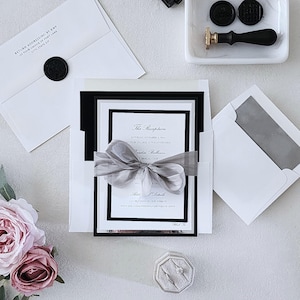 Upscale Black and Silver Wedding Invitation - Sophisticated Ribbon Tie Invite Suite with Details Card, Classic Formal Invitations - Deposit