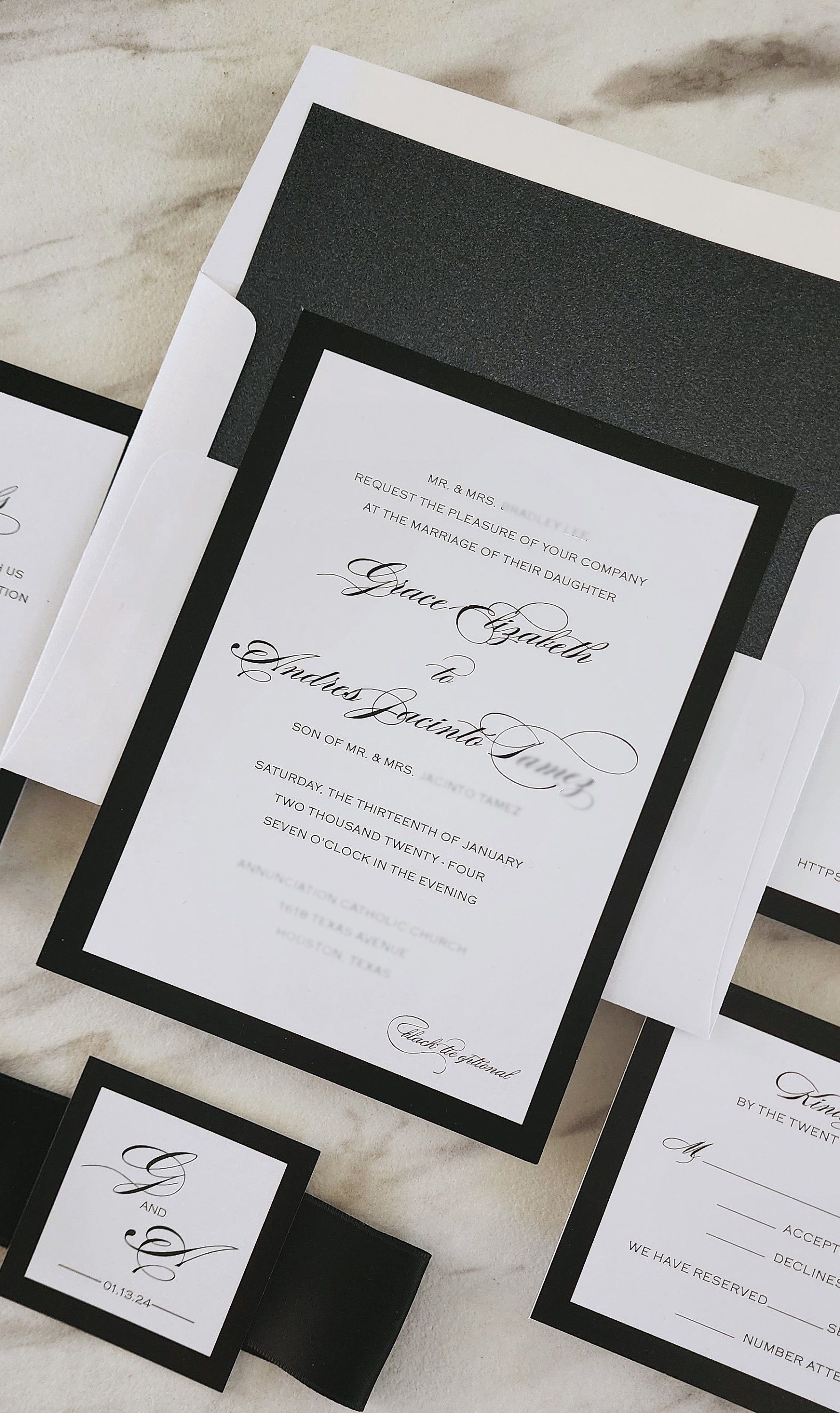 Elegant Black White Calligraphy Wedding Invitation Suite, Formal Invite ...