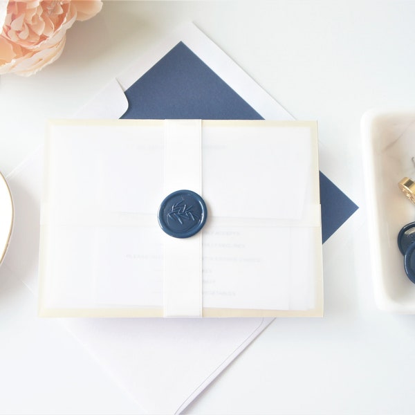 Navy Wax Seal and Gold Vellum Wedding Invitation, Elegant Blue Invites with Ribbon and Stamp, Layered Invite Cards - Sample