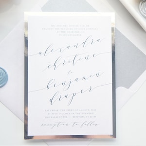Dusty Blue and Silver Flowing Calligraphy Script Wedding Invitation, Modern Invite Suite with Wax Seals and Response Card - Sample