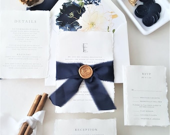 Navy and Gold Wedding Invitations, Cotton Rag Paper Invite, Deckled Paper, Handmade Paper Invitation Suite with Custom Monogram - Sample