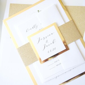 Boho Greenery and Gold Monogram Wedding Invitation, Gold Foil Paper Reflective Paper Eucalyptus Design, Gold Glitter Belly Band Wedding Invites, Bohemian Wedding Invitation Suite, Elegant Formal Classic Invitations