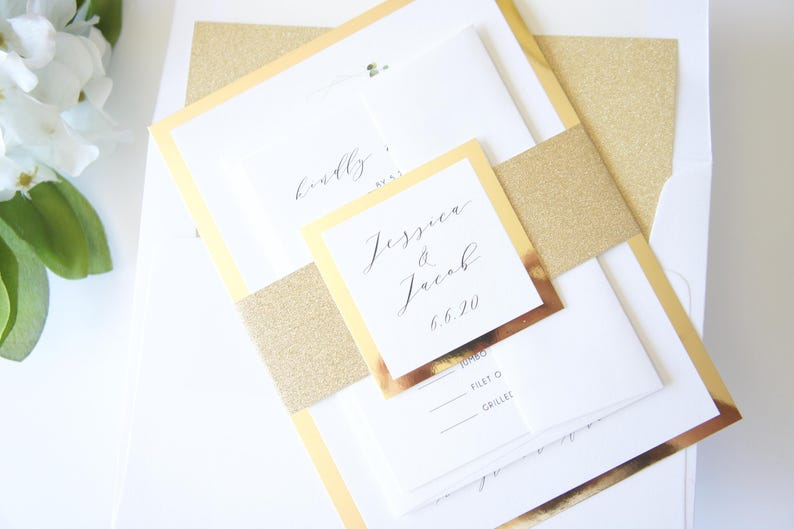 Boho Greenery and Gold Monogram Wedding Invitation, Gold Foil Paper Reflective Paper Eucalyptus Design, Gold Glitter Belly Band Wedding Invites, Bohemian Wedding Invitation Suite, Elegant Formal Classic Invitations