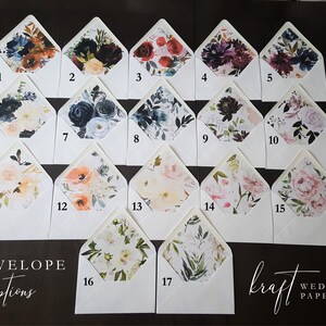 May include: A collection of white envelopes with floral patterned linings. The envelopes are numbered 1 through 17, with various designs including roses, peonies, and other botanical arrangements. The text "ENVELOPE options" and "kraft WEDDING PAPERS" are also visible.