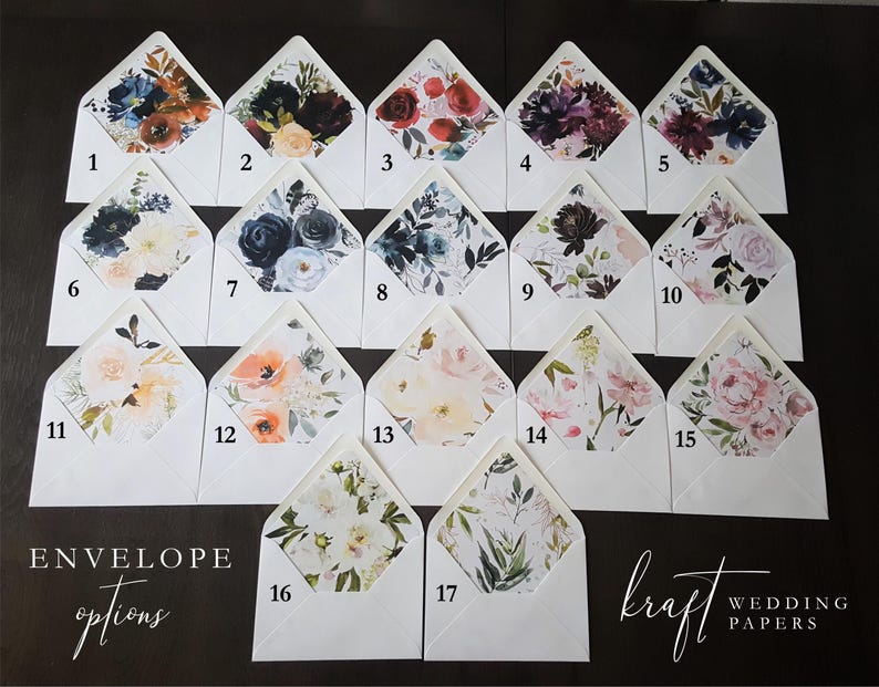 May include: A collection of white envelopes with floral patterned linings. The envelopes are numbered 1 through 17, with various designs including roses, peonies, and other botanical arrangements. The text "ENVELOPE options" and "kraft WEDDING PAPERS" are also visible.