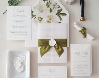 Olive Green Wedding Invitation, Botanical Invite Suite, Vellum Jacket, Ribbon Invitations, White Wax Seal, Floral Envelope- Deposit