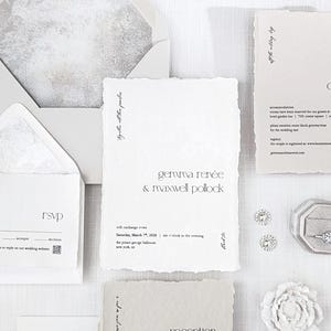 Minimal Wedding Invitation- Cotton Rag Paper, Deckled Edge Invites, White and Beige, Wax Seal and Silk Ribbon - Sample