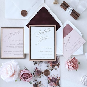 Suite de faire-part de mariage vieux rose et bordeaux - invitations marsala vin or rose rose poudré, veste bohème en vélin - caution