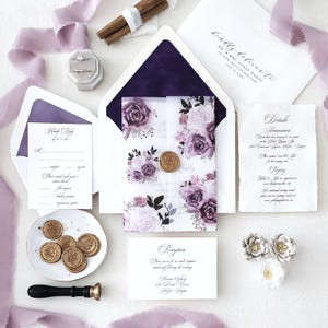Plum Calligraphy Script Invitations, Elegant Purple Wedding Invitation with Wax Seal, Watercolor Flowers, Velvet Envelope Liners - Sample