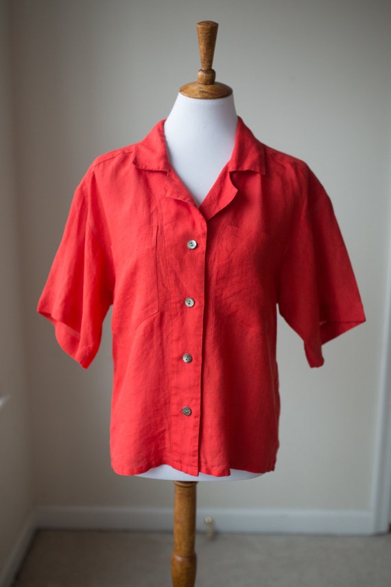 Vintage Red Linen Short Sleeve Blouse | Linen Butt