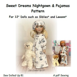 Sweet Dreams Nightgown and Pajama PDF PATTERN for 12" Siblies and Leeann dolls