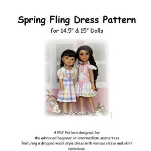 Puede incluir: Un patrón PDF para un vestido de estilo cintura caída para muñecas de 14,5 cm y 15 cm. El patrón presenta varias variaciones de mangas y faldas. El patrón está diseñado por Julie Helmer y tiene derechos de autor de 2025 Sew Dolled Up 81.