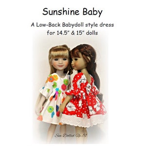 Puede incluir: Un patrón digital PDF para un vestido de estilo babydoll de espalda baja para muñecas de 14,5 cm y 15 cm. El patrón es para principiantes seguros o costureras intermedias. La imagen muestra dos muñecas con el vestido en diferentes telas.