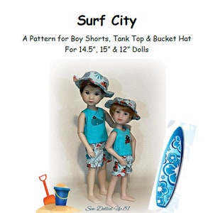 May include: A sewing pattern for a boy's outfit, including shorts, a tank top, and a bucket hat. The pattern is designed for 14.5", 15", and 12" dolls. The pattern is illustrated with two dolls wearing the outfit, and a surfboard.