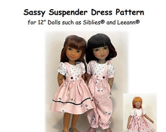May include: A pattern for a pink and white suspender dress for 12 inch dolls. The pattern is designed by Julie Helmer and is for advanced beginner or intermediate seamstresses. The text "Sassy Suspender Dress Pattern for 12" Dolls such as Siblies® and Leeann®" is at the top of the image. The text "Pattern Designed by Julie Helmer SewDolledUp81 ©2021" is at the bottom of the image.