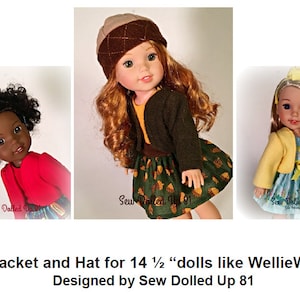 Könnte beinhalten: Drei Puppen, die verschiedene farbige Jacken und Hüte tragen. Die Puppen sind 36,8 cm groß und für WellieWishers-Puppen konzipiert. Der Text "Sew Dolled Up 81" ist auf dem Bild zu sehen.