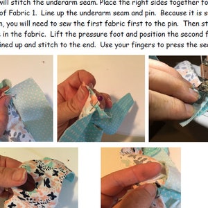 May include: Close-up of two fabric pieces being sewn together. The fabric is a light blue with white polka dots and a pink and white floral print. The fabric is being sewn along the edge with a sewing machine.