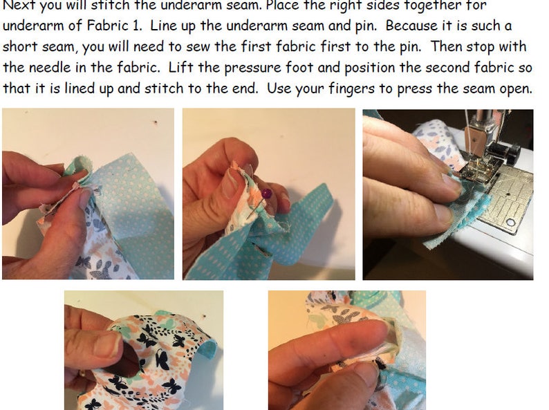 May include: Close-up of two fabric pieces being sewn together. The fabric is a light blue with white polka dots and a pink and white floral print. The fabric is being sewn along the edge with a sewing machine.