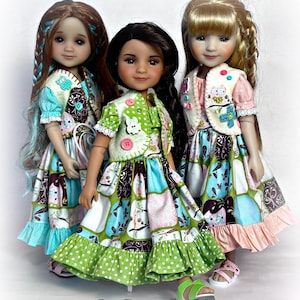 May include: Three dolls wearing colorful patchwork dresses and vests. The dresses feature a mix of floral, geometric, and owl patterns in shades of blue, green, pink, and white. Each doll has different hair and shoes. The text "Sew Dolled Up 81" is at the bottom.