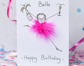 Carte d'anniversaire personnalisée faite main avec bouteille de champagne et option étiquette cadeau, amusante, moelleuse, 3D, unique