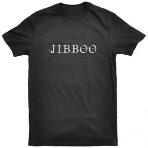 May include: Black t-shirt with the word "JIBBOO" printed in white on the front.