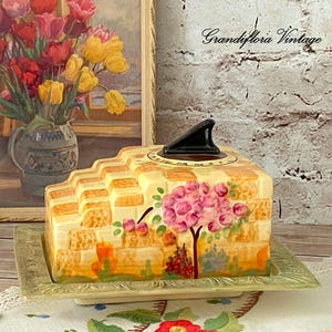 Vintage Majolica Butter, Cheese Dish, 1930s Beswick Sundial, English Pottery, Hand Painted, Art Deco, Cottagecore, Farmhouse Kitchen