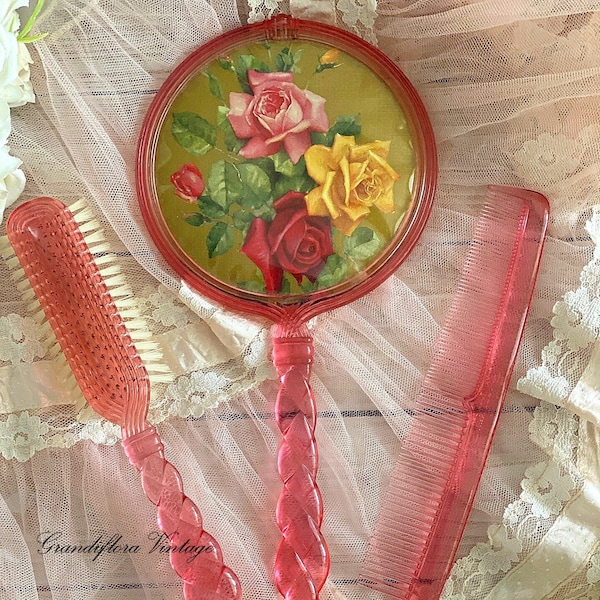 A Sweet Vintage 1930s Lucite Brush, Comb & Hand Mirror Set, British Xylonite Co, In Original Box, Vanity Decor, Dressing Table, Floral