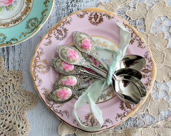 Vintage Floral Porcelain Teaspoons: Boxed Set Collectible Teatime