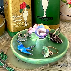 Vintage Ring Holder, Crown Staffordshire, Green Floral Trinket Dish, 1950s Vanity Dressing Table Decor