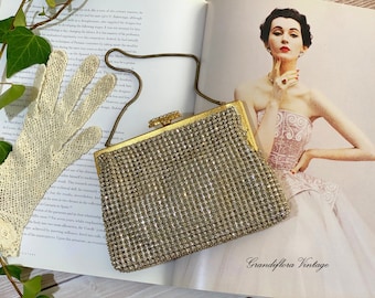 Vintage Rhinestone, Diamante Evening Purse, Handbag, Clutch Bag, Prong Set, Wedding, Prom, Gold Frame, c1960s Old Hollywood