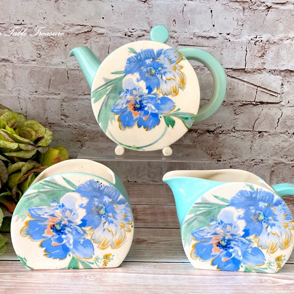 A Vintage Art Deco Bonjour Shape Bachelor Tea Set, Teapot, Creamer & Sugar, 1936, Peony Pattern, Wilkinsons - Clarice Cliff, Tea for Two