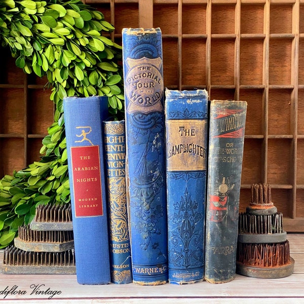A Set of Five Decorative Vintage Blue Books Bundle, Bookish Decor, Antique 1900-1930, Cottage Chic, Farmhouse