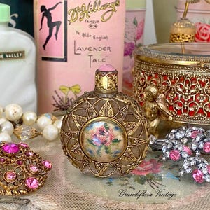 A Lovely Vintage Austrian Brass Filigree Perfume Bottle with Pink Glass Dauber and Miniature Floral Petit Point, Vanity Dressing Table