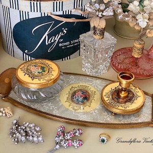 Vintage Dresser Vanity Set, Tray, Jewelry Box, Candle Holder, Dressing Table, 1940s Mid Century, Lace Ormolu