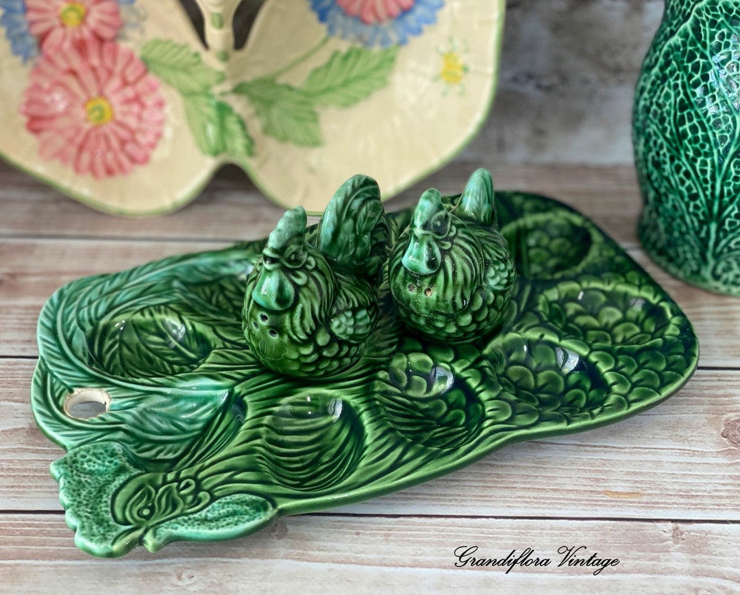 A Cute Vintage Green Majolica Devilled Egg Tray Set With Hen & Etsy