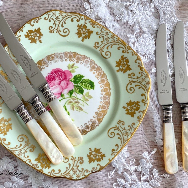 A Dainty Set of Six Antique English Mother of Pearl Handle Silver Tea or Butter Knives, Original Box, Bridal Shower, Afternoon Tea Party