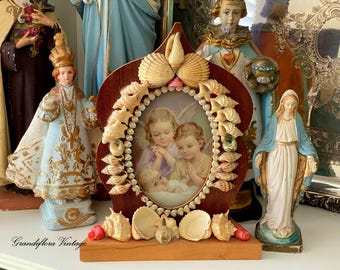 Vintage Shell Art Frame, Guardian Angel & Baby Print, 1960s, Coastal Beach House, Religious, Cottagecore, Country Decor