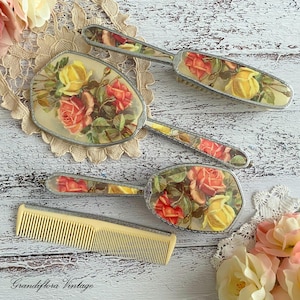 Vintage 1950s Fifth Avenue Dresser Vanity Set, Hair Brush, Hand Mirror, Pink Roses, Dressing Table, Unused in Box, Old Hollywood Shabby Chic